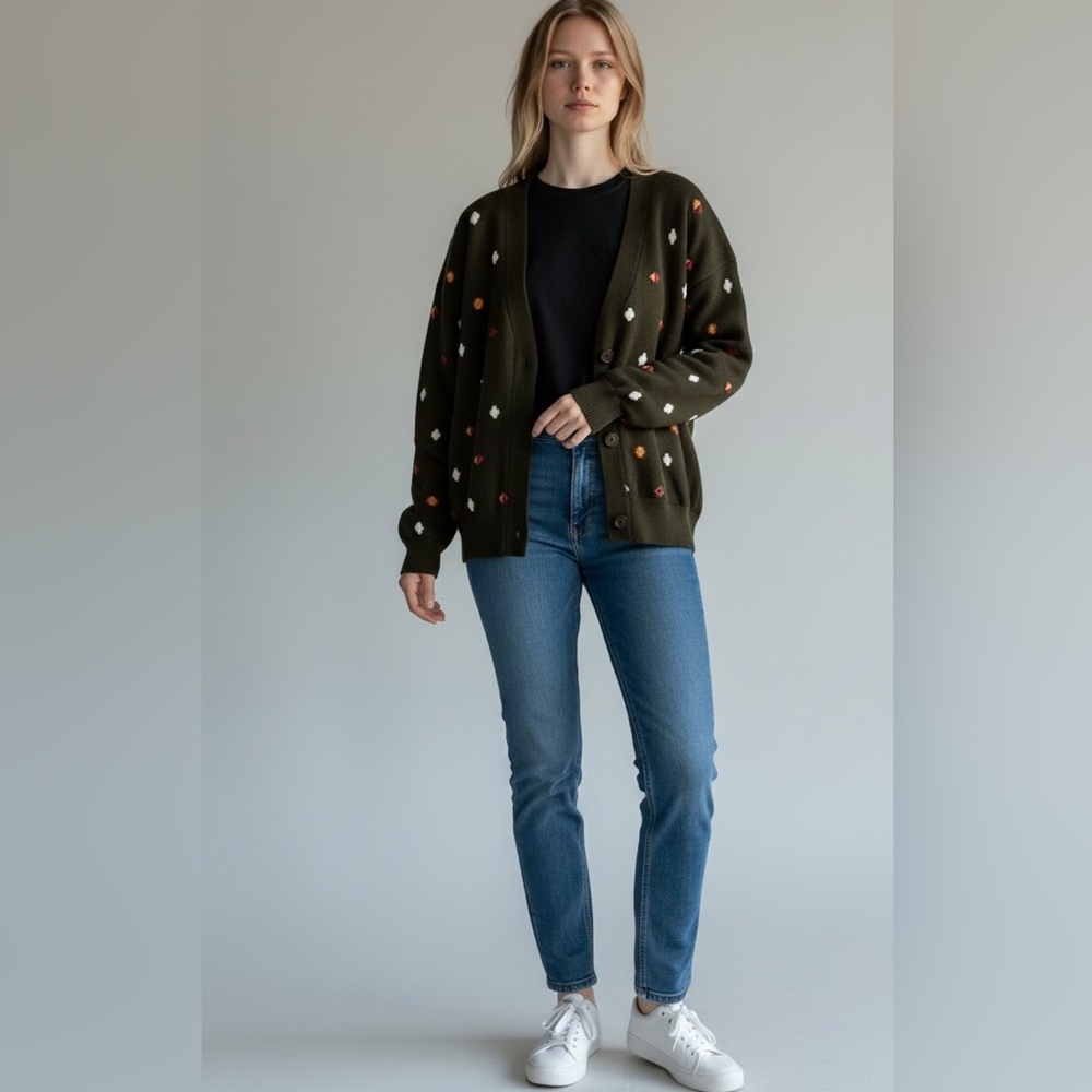 Perry Ellis vintage olive green geo pattern cotton Y2K cardigan very good cond L